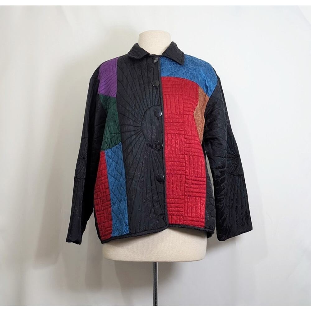 Vintage 90s Jacket Black Embroidered Color Block Women's Size M Keren Hart